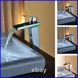 LED 3 Color Spout Bathroom Waterfall Basin Sink Faucet Single Handle Mixer Tap